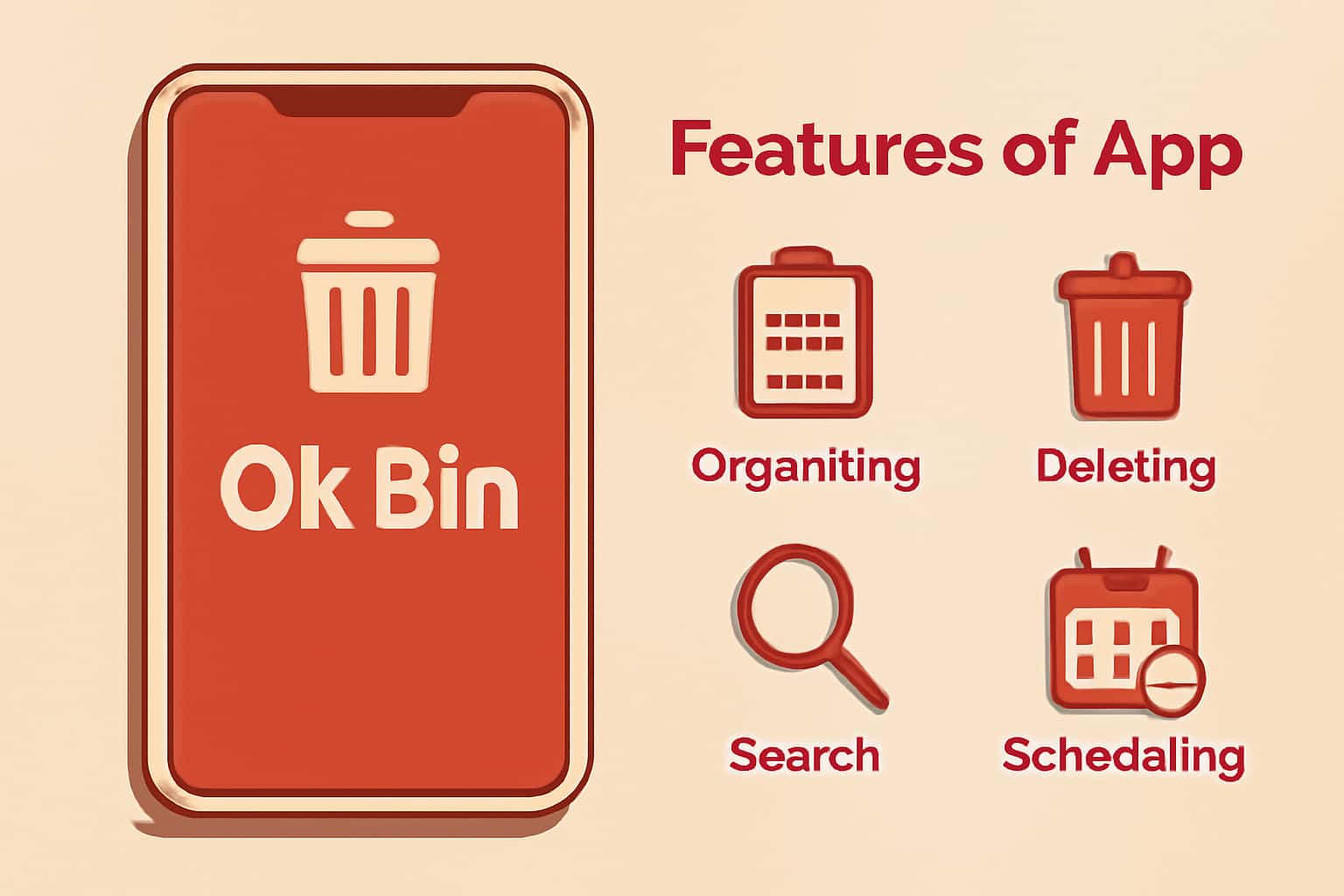 An informational graphic representing the features of the Ok Bin app.