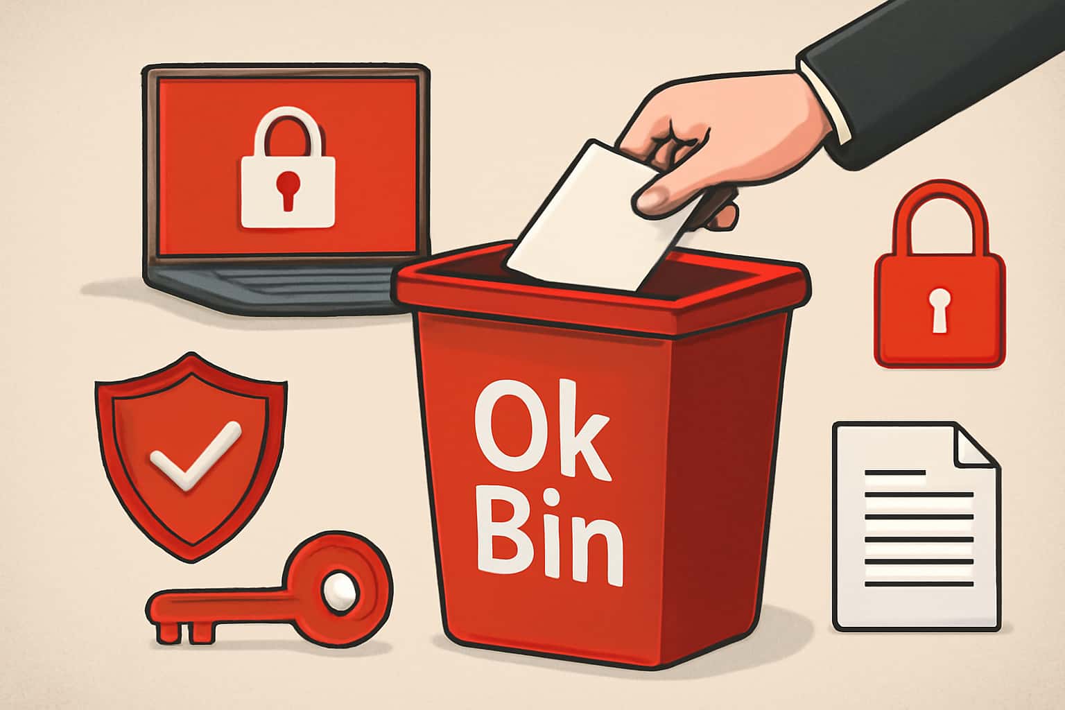 An informative scene demonstrating the secure usage of the Ok Bin application.
